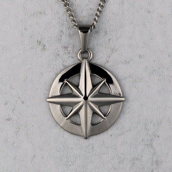 Silver North Star Compass Pendant Chain Necklace - Picture 1 of 6